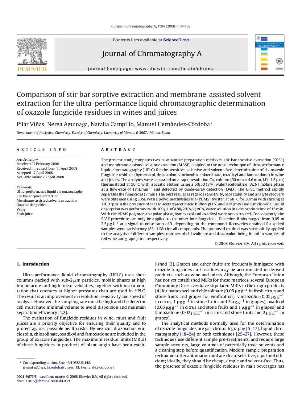 Comparison of stir bar sorptive extraction and membrane-assisted solvent extraction for the ultra-performance liquid chromatographic determination of oxazole fungicide residues in wines and juices