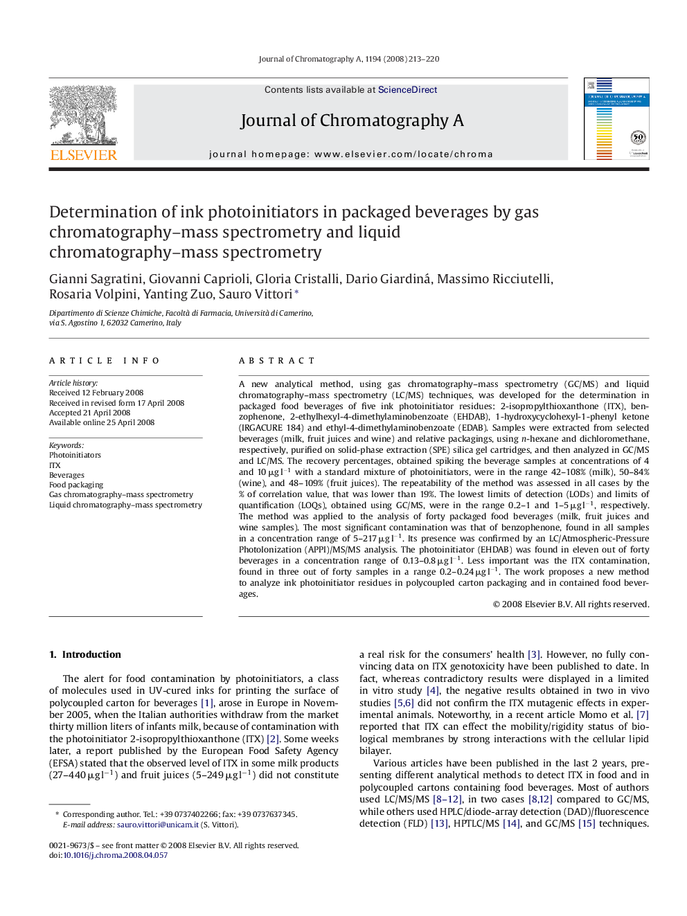 Determination of ink photoinitiators in packaged beverages by gas chromatography–mass spectrometry and liquid chromatography–mass spectrometry