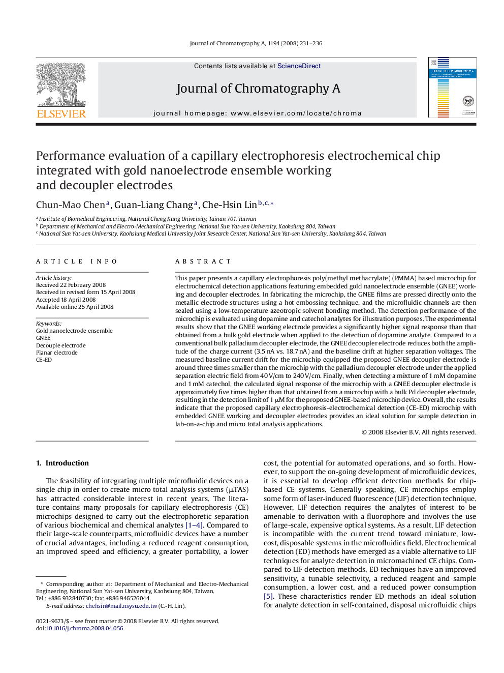 Performance evaluation of a capillary electrophoresis electrochemical chip integrated with gold nanoelectrode ensemble working and decoupler electrodes