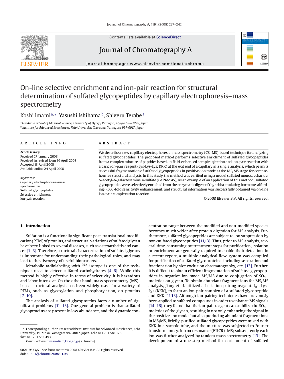 On-line selective enrichment and ion-pair reaction for structural determination of sulfated glycopeptides by capillary electrophoresis–mass spectrometry