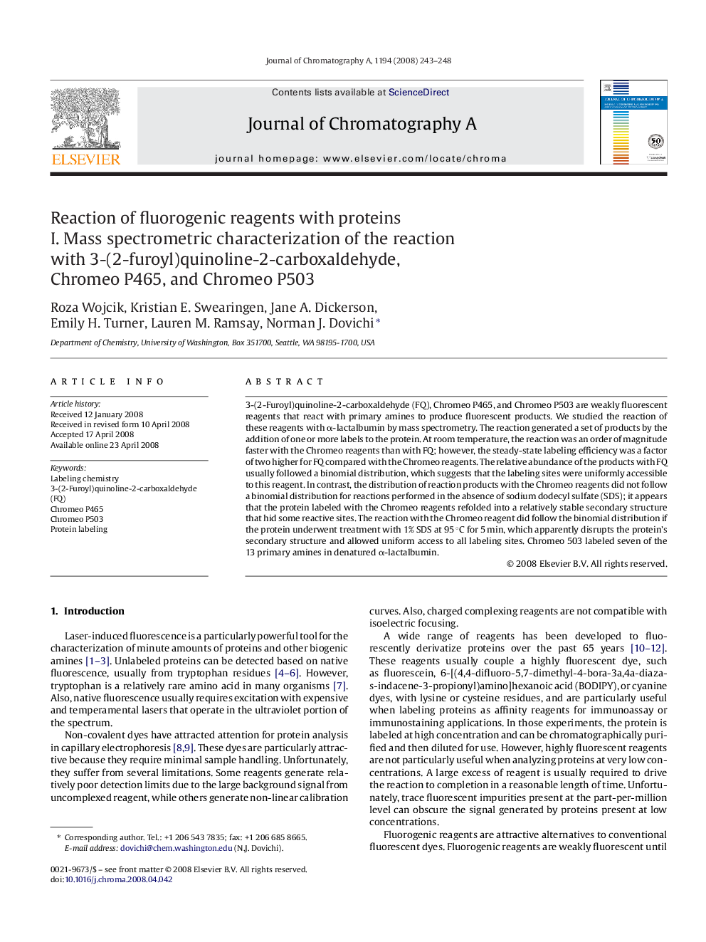 Reaction of fluorogenic reagents with proteins: I. Mass spectrometric characterization of the reaction with 3-(2-furoyl)quinoline-2-carboxaldehyde, Chromeo P465, and Chromeo P503