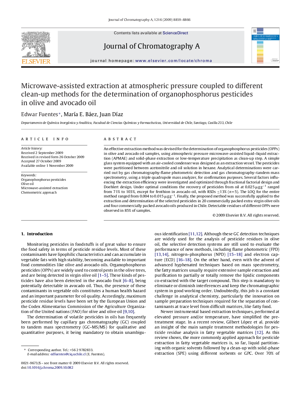 Microwave-assisted extraction at atmospheric pressure coupled to different clean-up methods for the determination of organophosphorus pesticides in olive and avocado oil