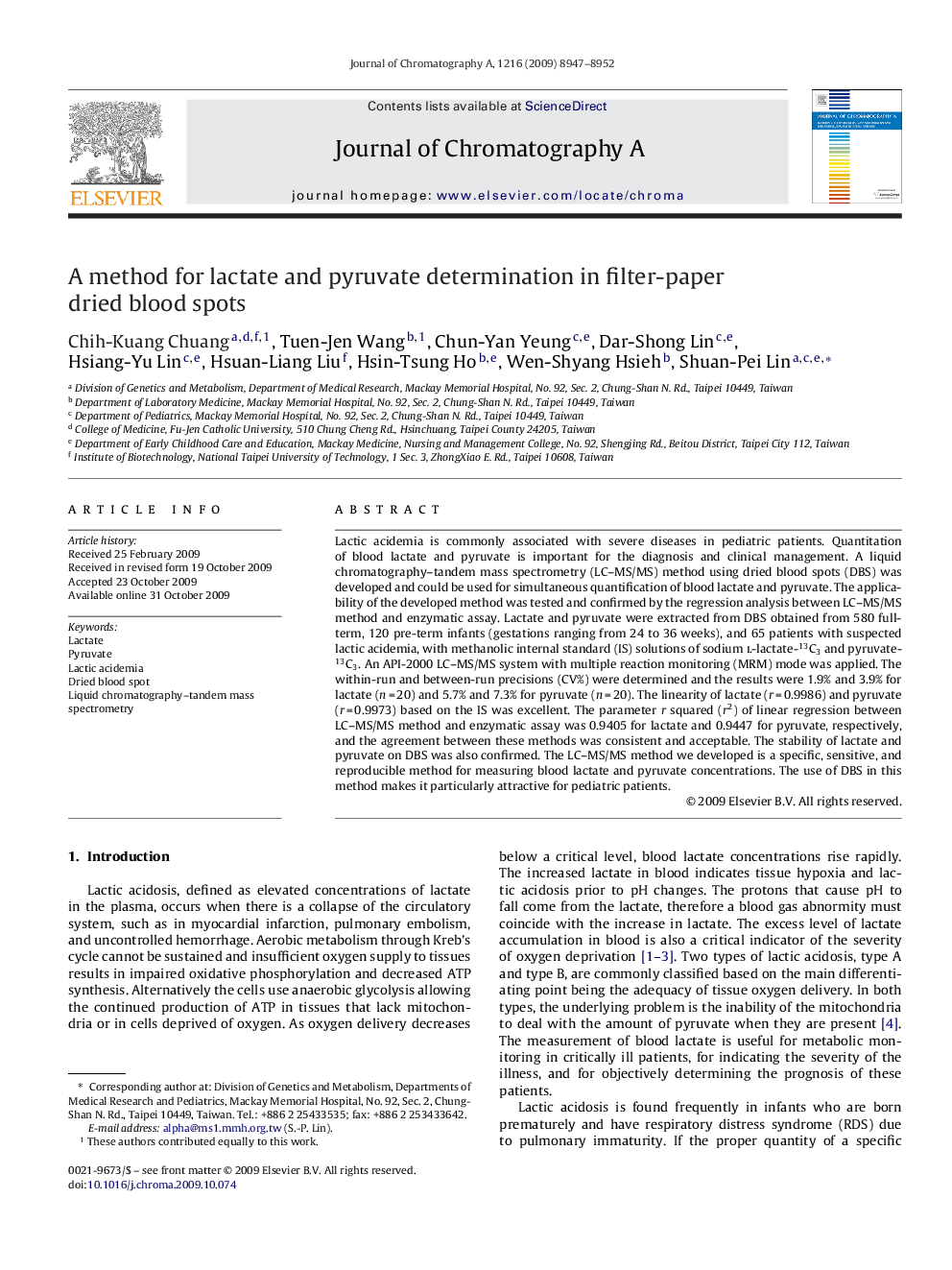 A method for lactate and pyruvate determination in filter-paper dried blood spots