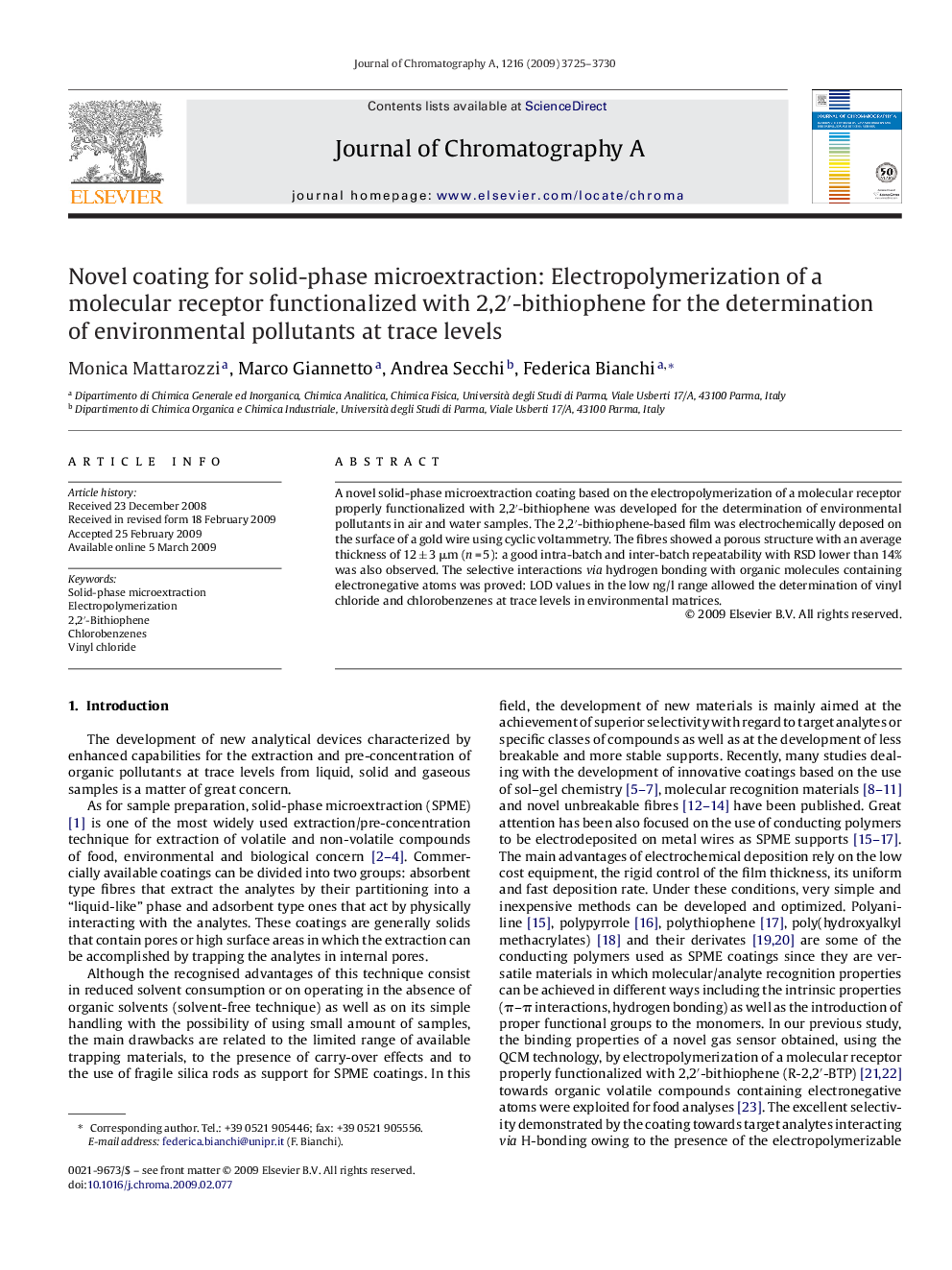 Novel coating for solid-phase microextraction: Electropolymerization of a molecular receptor functionalized with 2,2â²-bithiophene for the determination of environmental pollutants at trace levels