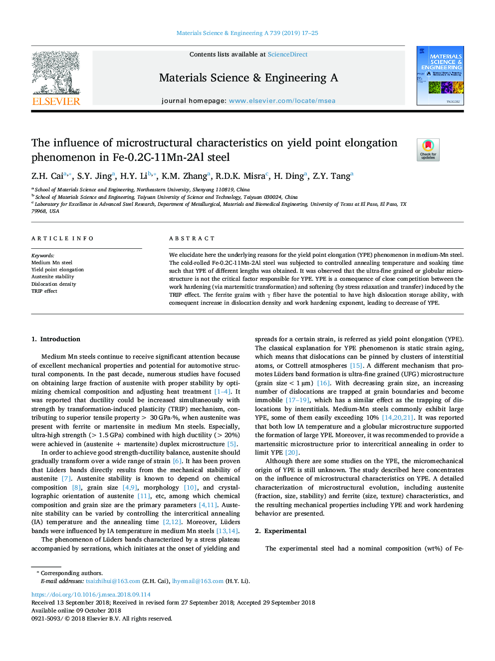 The influence of microstructural characteristics on yield point elongation phenomenon in Fe-0.2C-11Mn-2Al steel