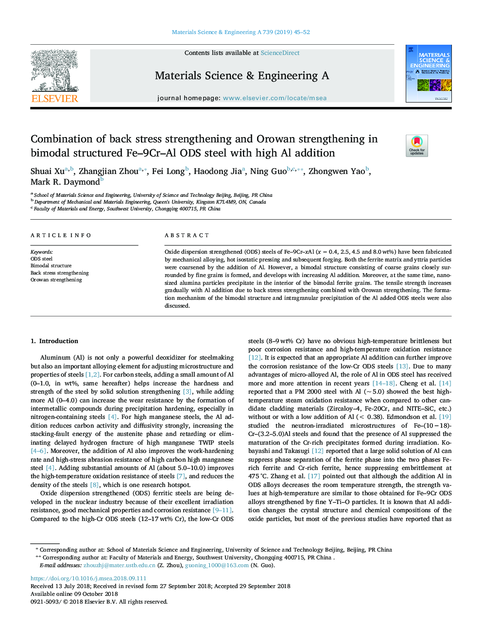 Combination of back stress strengthening and Orowan strengthening in bimodal structured Fe-9Cr-Al ODS steel with high Al addition