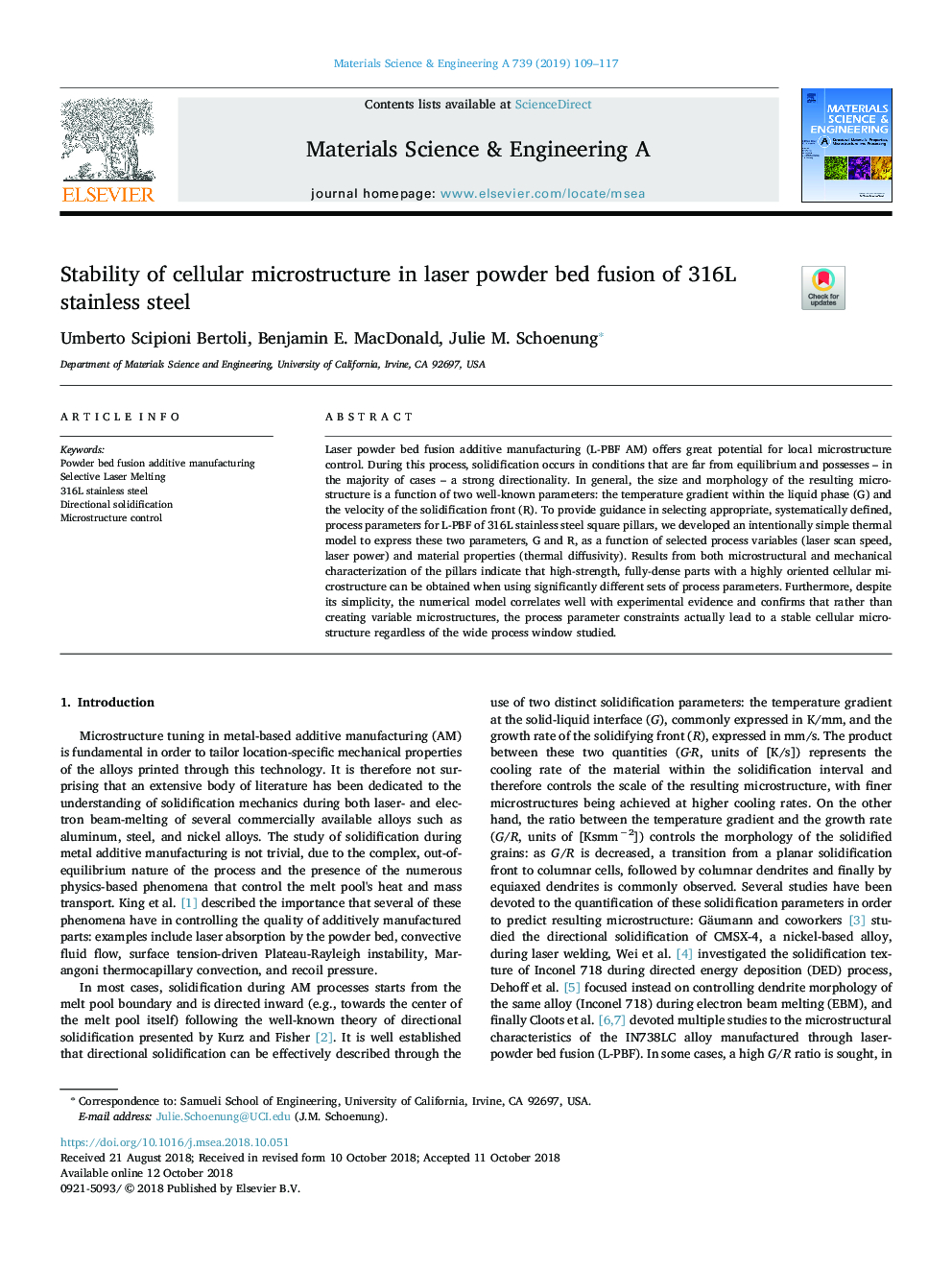 Stability of cellular microstructure in laser powder bed fusion of 316L stainless steel