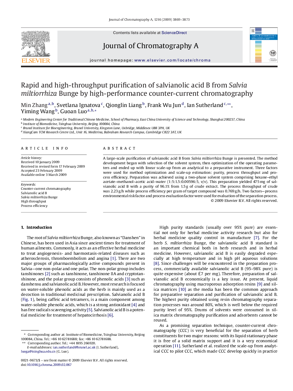 عکس صفحه اول مقاله: Rapid and high-throughput purification of salvianolic acid B from Salvia miltiorrhiza Bunge by high-performance counter-current chromatography Rapid and high-throughput purification of salvianolic acid B from Salvia miltiorrhiza Bunge by high-performance counter-current chromatography