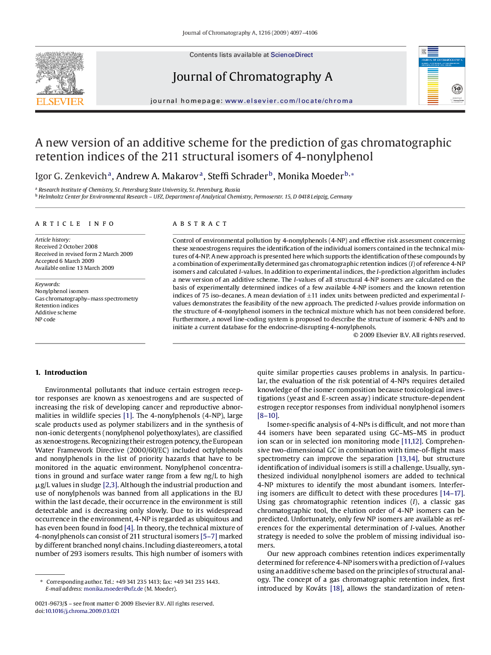 A new version of an additive scheme for the prediction of gas chromatographic retention indices of the 211 structural isomers of 4-nonylphenol