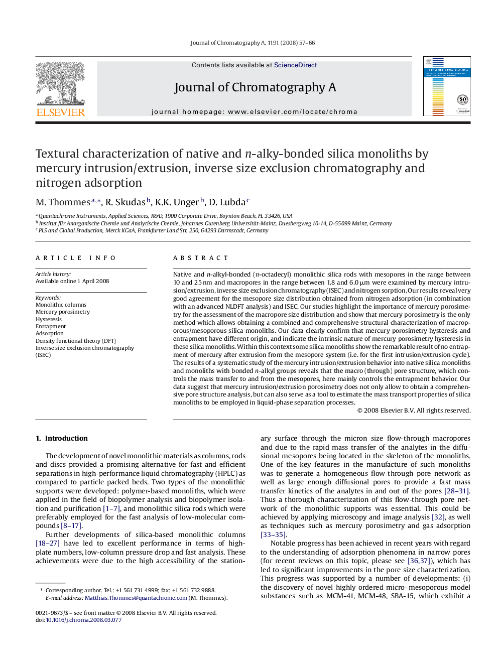 Textural characterization of native and n-alky-bonded silica monoliths by mercury intrusion/extrusion, inverse size exclusion chromatography and nitrogen adsorption