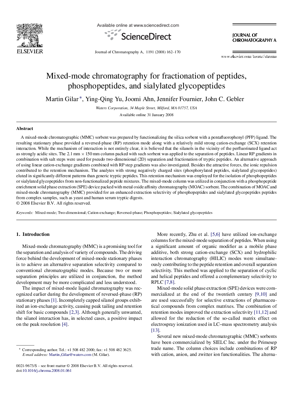 Mixed-mode chromatography for fractionation of peptides, phosphopeptides, and sialylated glycopeptides