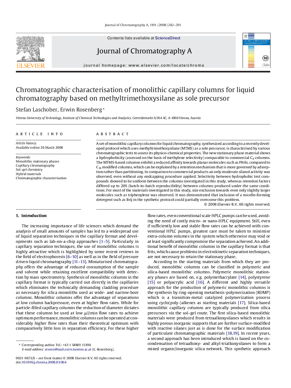 Chromatographic characterisation of monolithic capillary columns for liquid chromatography based on methyltrimethoxysilane as sole precursor