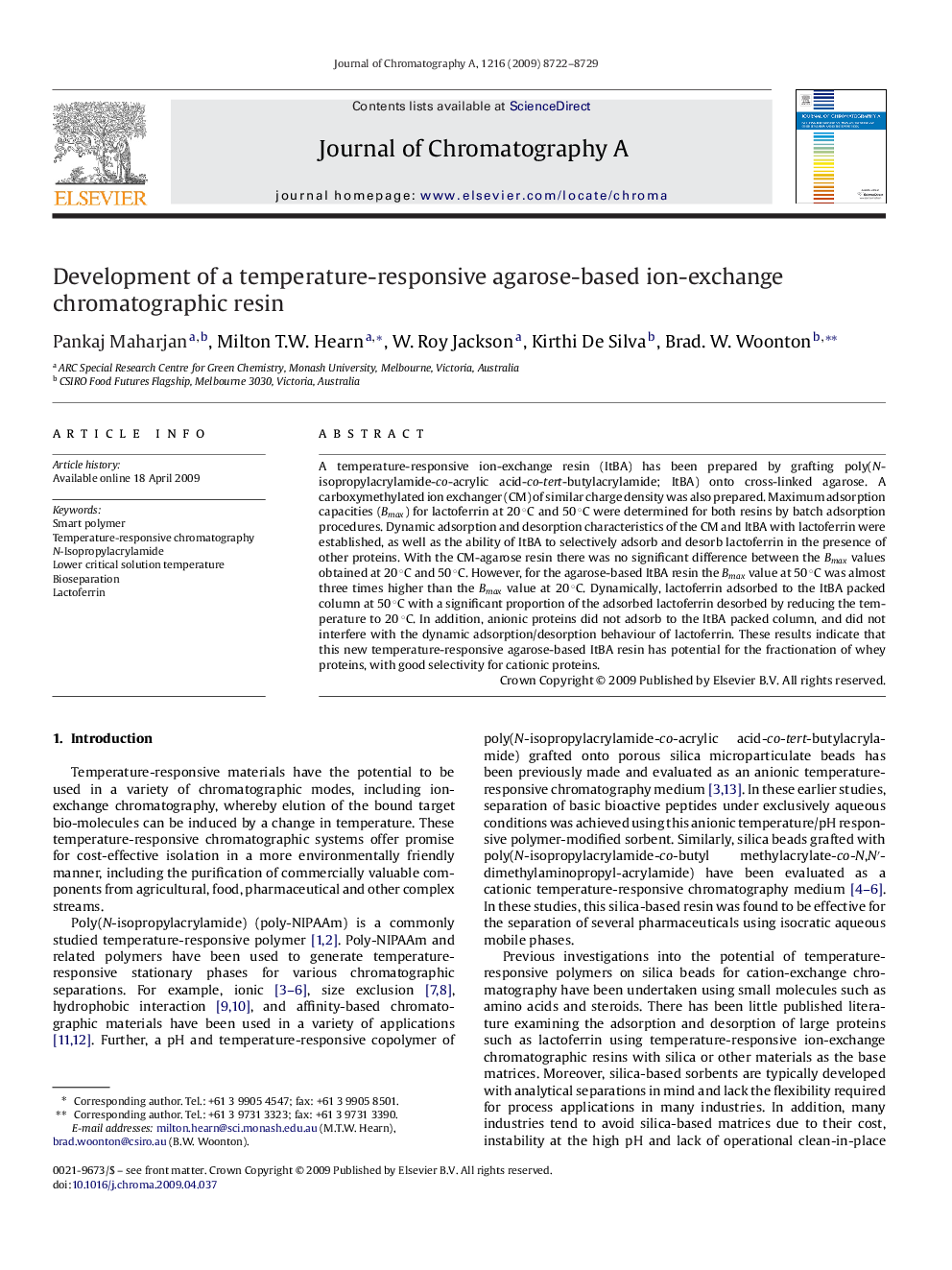 Development of a temperature-responsive agarose-based ion-exchange chromatographic resin