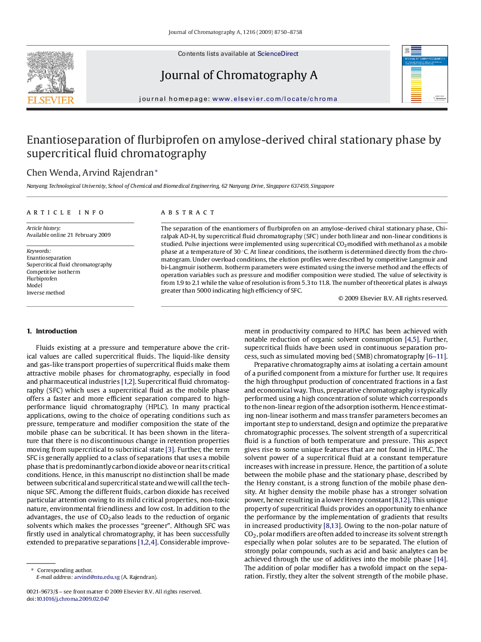 Enantioseparation of flurbiprofen on amylose-derived chiral stationary phase by supercritical fluid chromatography