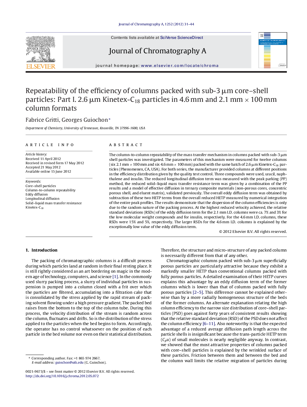 Repeatability of the efficiency of columns packed with sub-3 μm core–shell particles: Part I. 2.6 μm Kinetex-C18 particles in 4.6 mm and 2.1 mm × 100 mm column formats