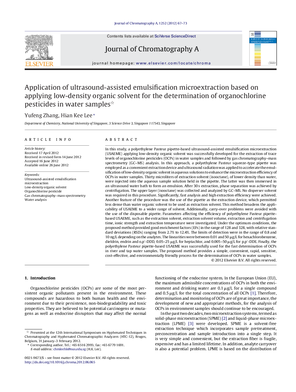 Application of ultrasound-assisted emulsification microextraction based on applying low-density organic solvent for the determination of organochlorine pesticides in water samples 