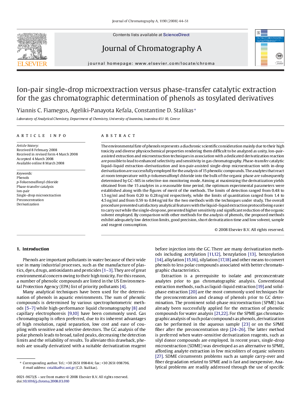 Ion-pair single-drop microextraction versus phase-transfer catalytic extraction for the gas chromatographic determination of phenols as tosylated derivatives