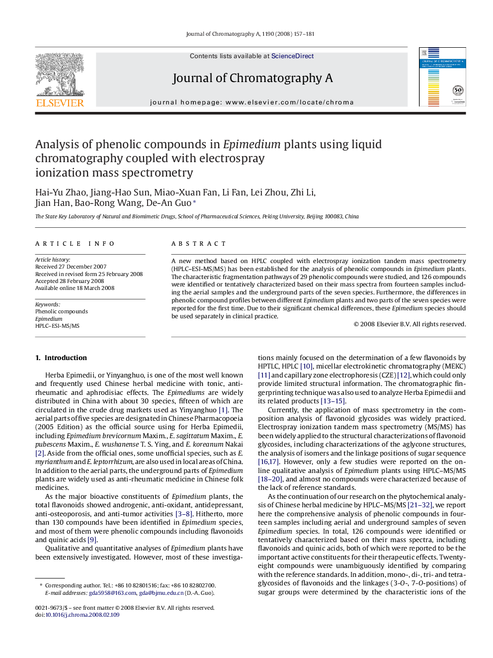 Analysis of phenolic compounds in Epimedium plants using liquid chromatography coupled with electrospray ionization mass spectrometry