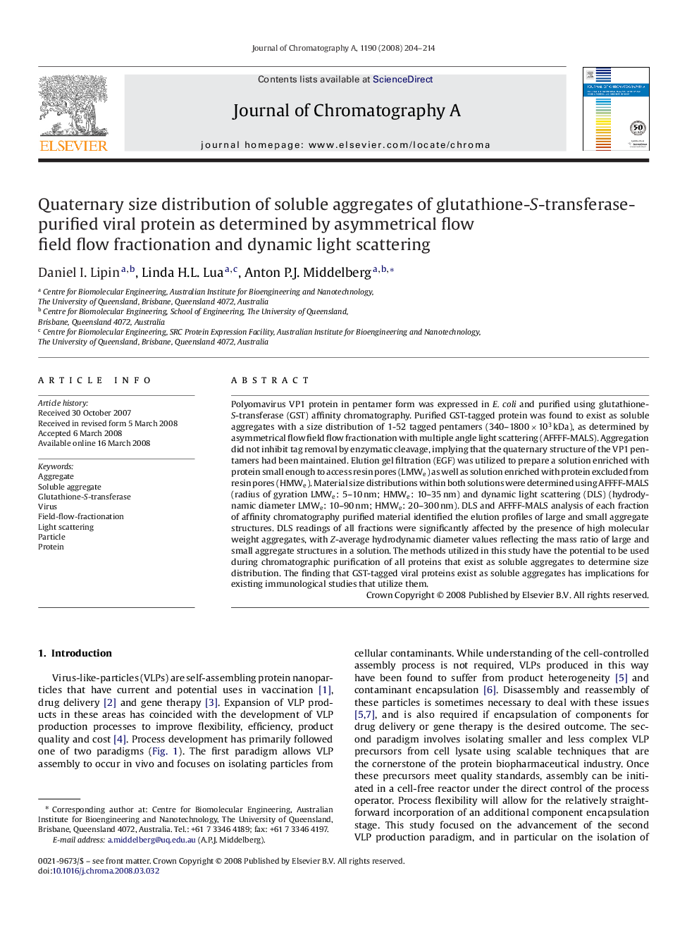 Quaternary size distribution of soluble aggregates of glutathione-S-transferase-purified viral protein as determined by asymmetrical flow field flow fractionation and dynamic light scattering