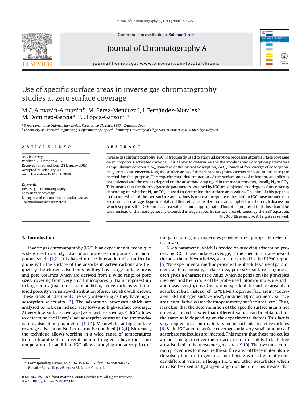 عکس صفحه اول مقاله: Use of specific surface areas in inverse gas chromatography studies at zero surface coverage Use of specific surface areas in inverse gas chromatography studies at zero surface coverage