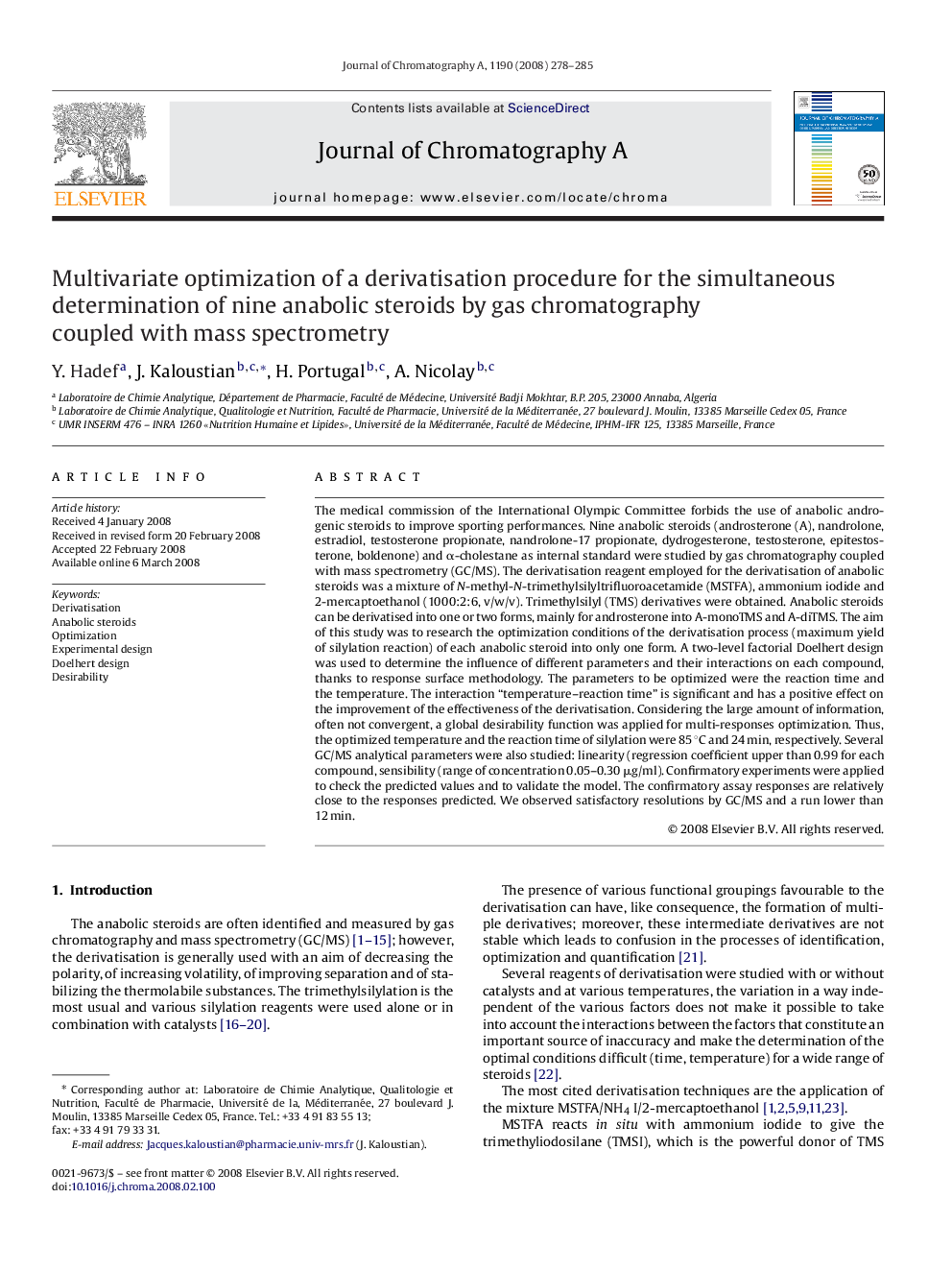 Multivariate optimization of a derivatisation procedure for the simultaneous determination of nine anabolic steroids by gas chromatography coupled with mass spectrometry