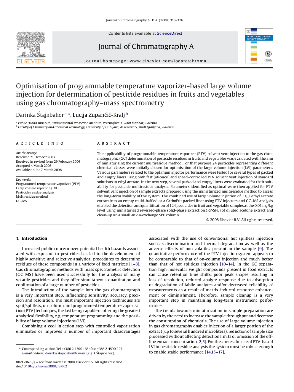 Optimisation of programmable temperature vaporizer-based large volume injection for determination of pesticide residues in fruits and vegetables using gas chromatography–mass spectrometry