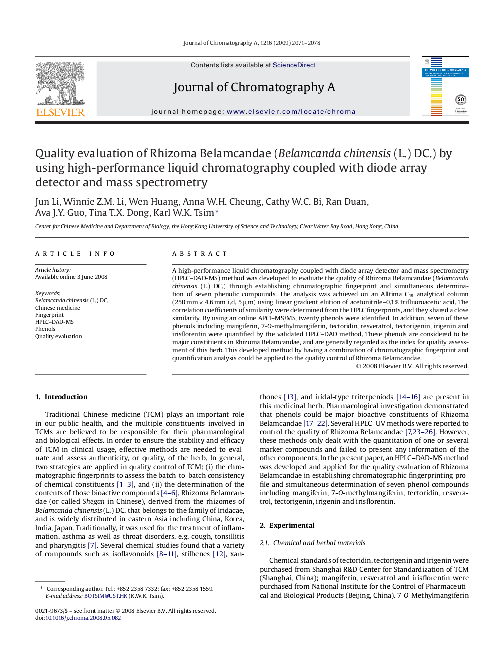 Quality evaluation of Rhizoma Belamcandae (Belamcanda chinensis (L.) DC.) by using high-performance liquid chromatography coupled with diode array detector and mass spectrometry