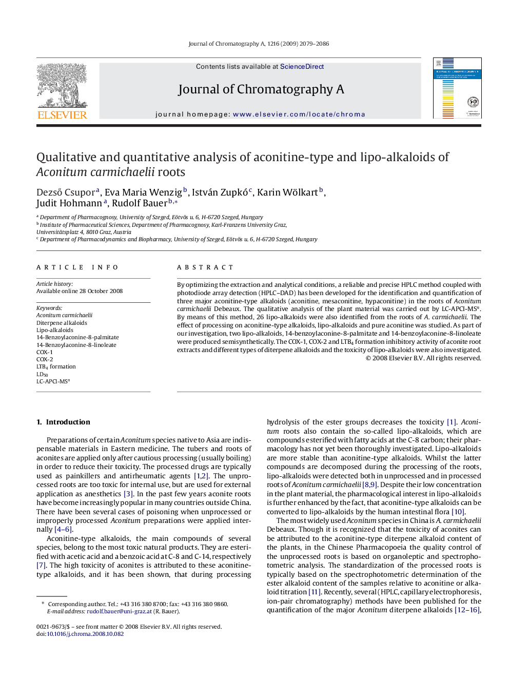 Qualitative and quantitative analysis of aconitine-type and lipo-alkaloids of Aconitum carmichaelii roots