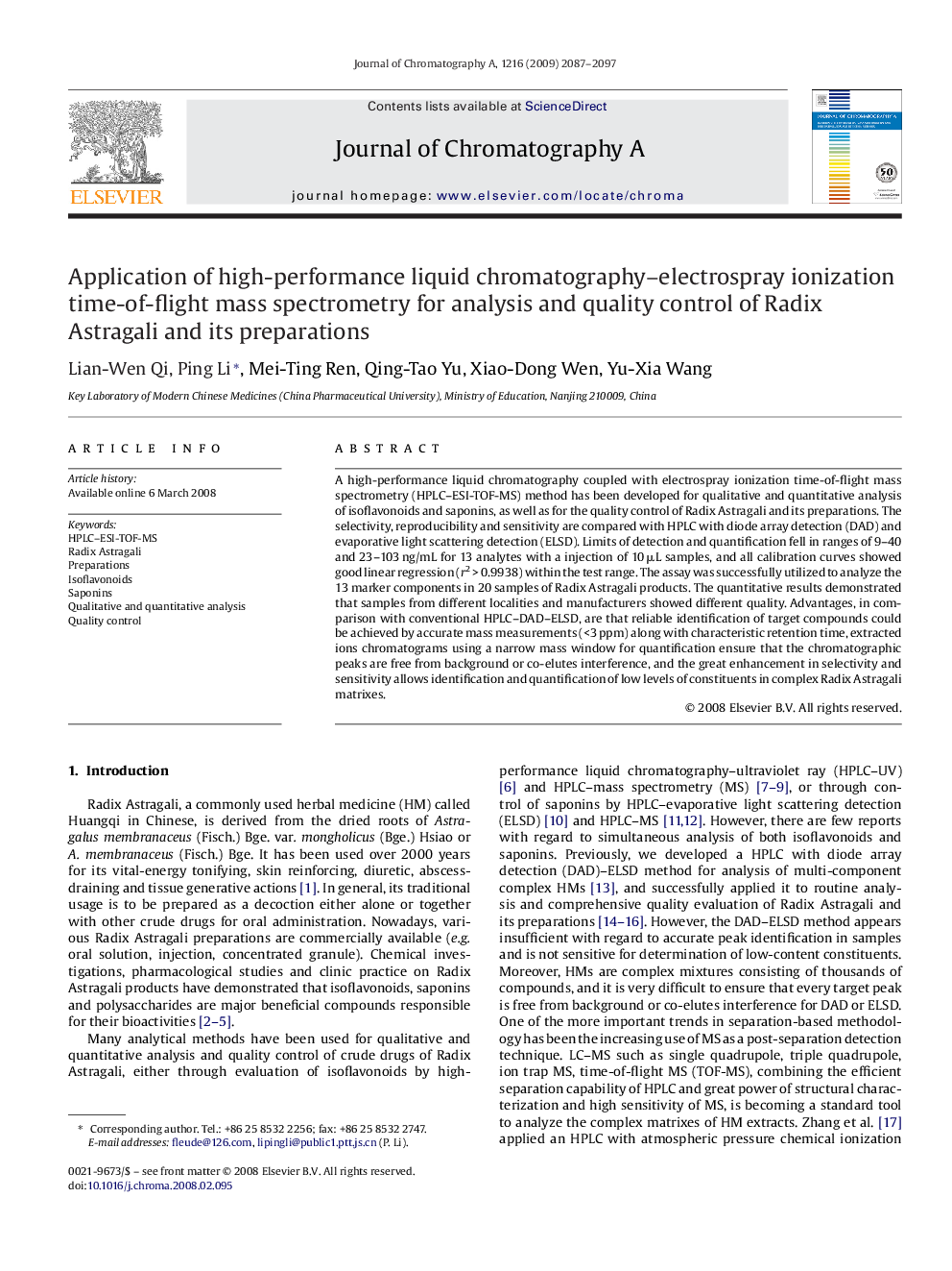 Application of high-performance liquid chromatography–electrospray ionization time-of-flight mass spectrometry for analysis and quality control of Radix Astragali and its preparations