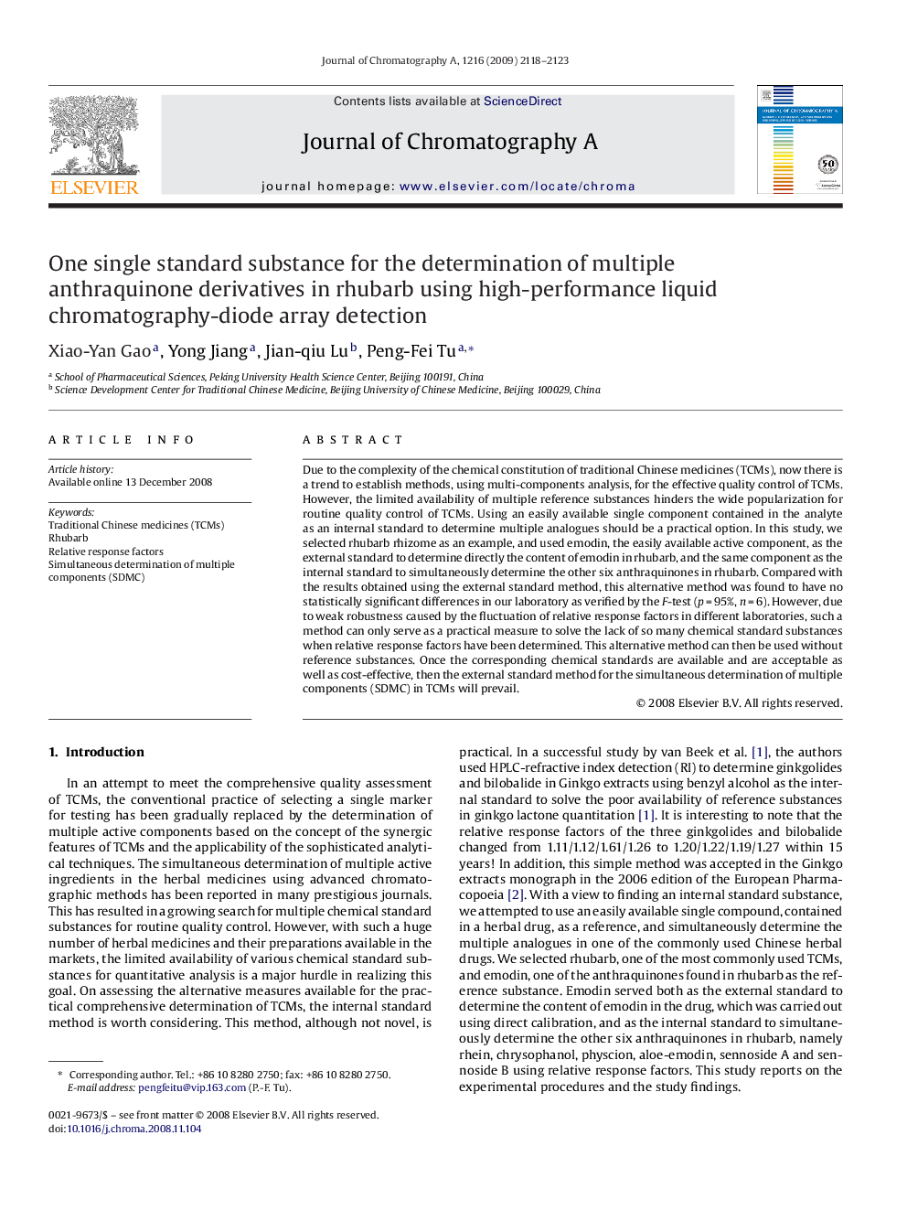 One single standard substance for the determination of multiple anthraquinone derivatives in rhubarb using high-performance liquid chromatography-diode array detection