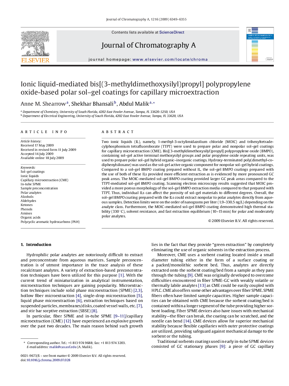 Ionic liquid-mediated bis[(3-methyldimethoxysilyl)propyl] polypropylene oxide-based polar sol–gel coatings for capillary microextraction