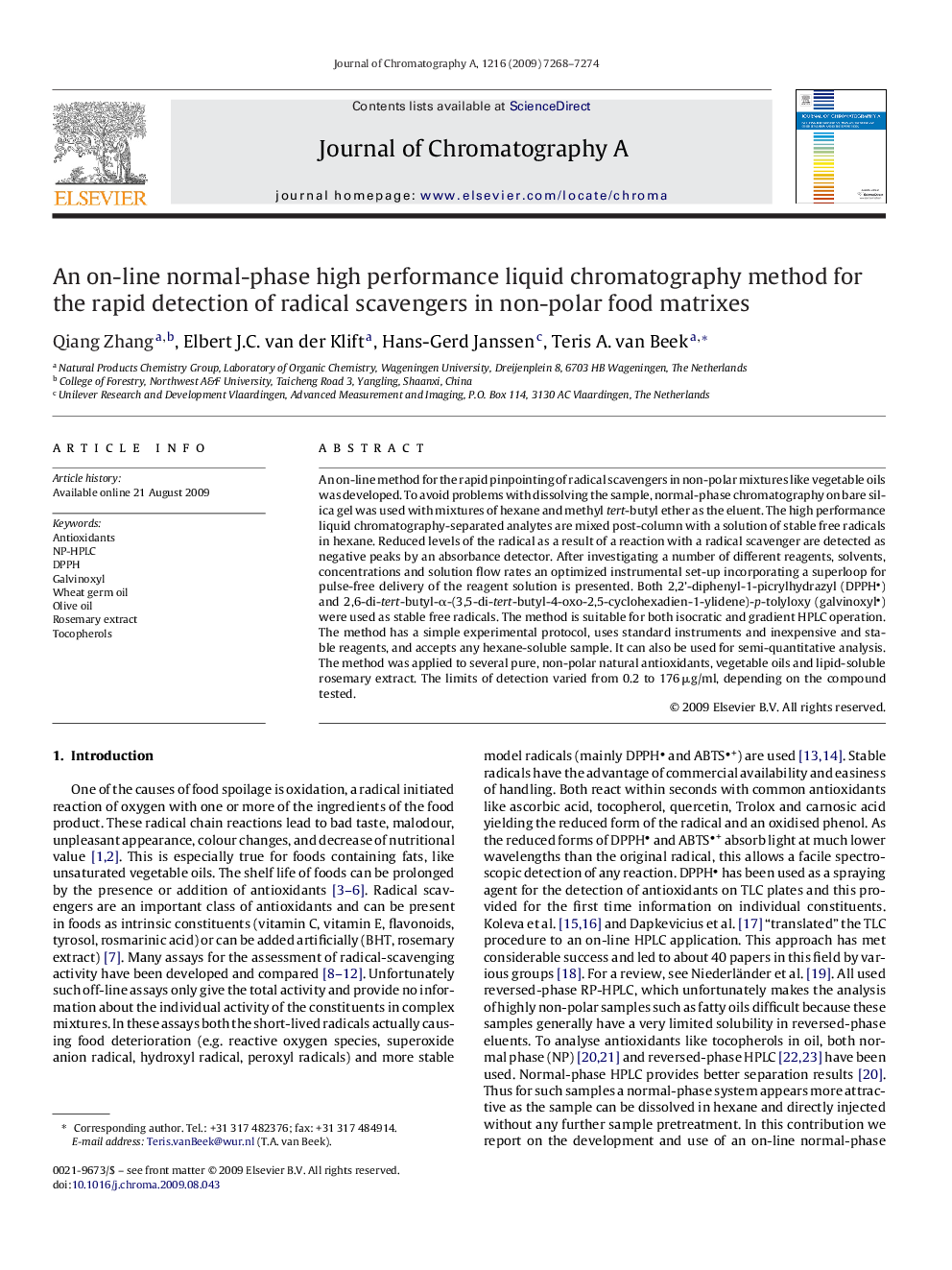 An on-line normal-phase high performance liquid chromatography method for the rapid detection of radical scavengers in non-polar food matrixes