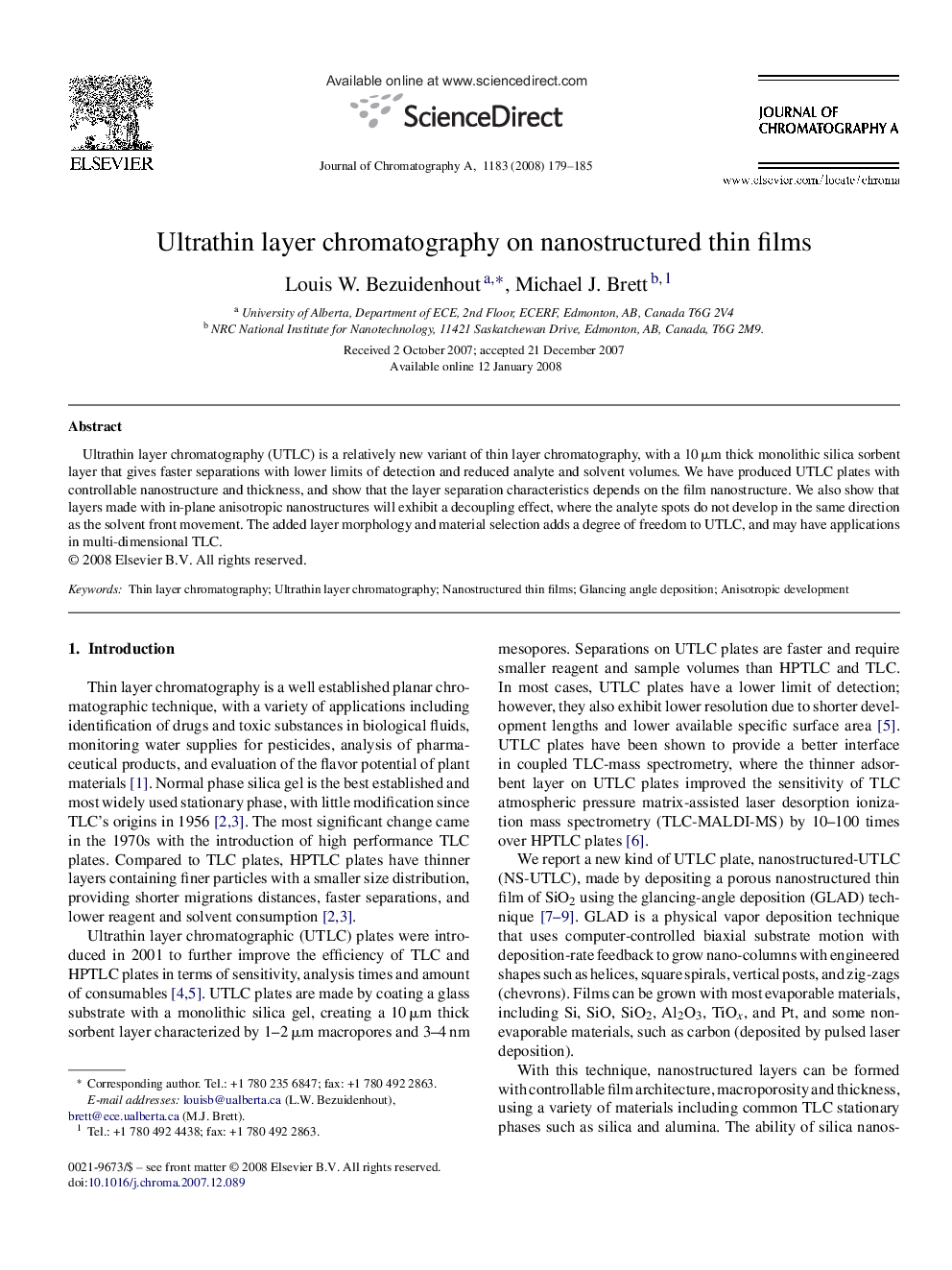 Ultrathin layer chromatography on nanostructured thin films