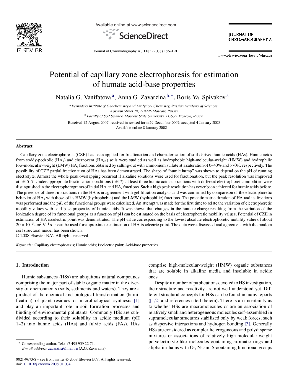 Potential of capillary zone electrophoresis for estimation of humate acid-base properties