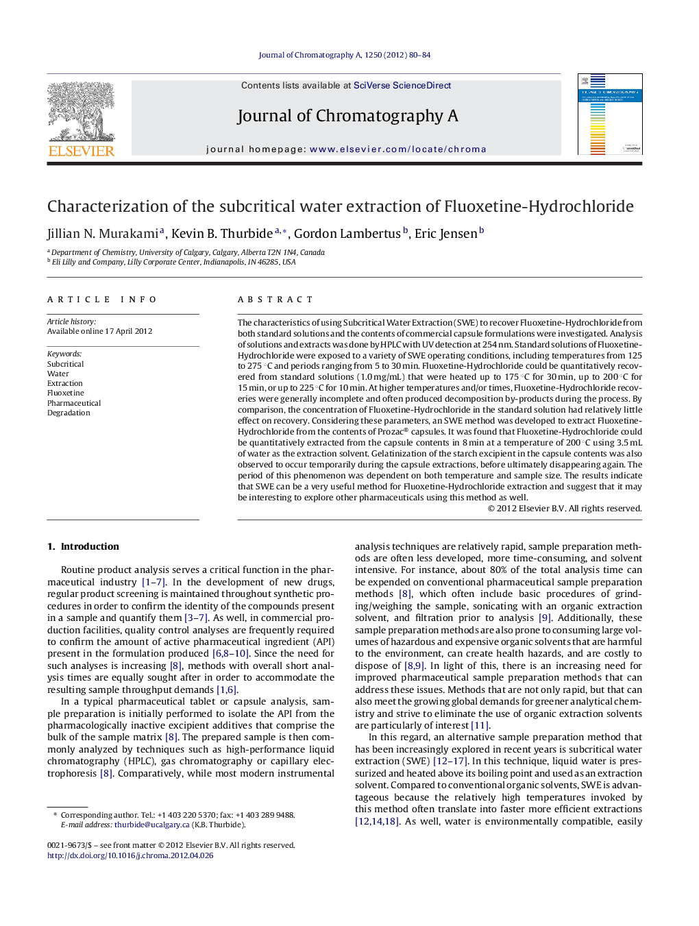 Characterization of the subcritical water extraction of Fluoxetine-Hydrochloride