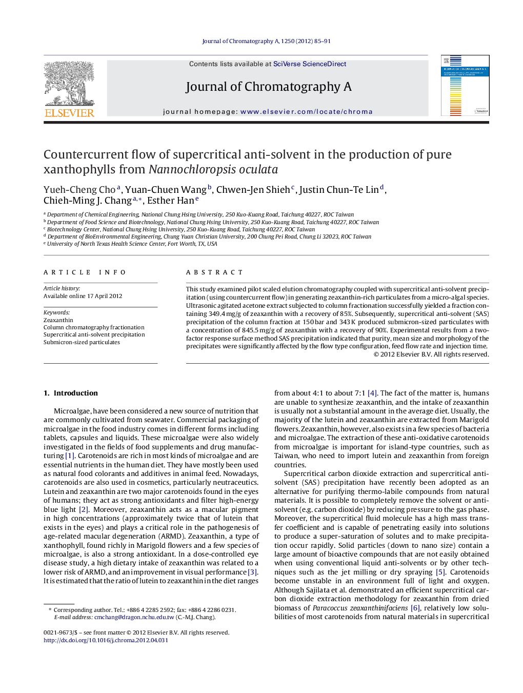 Countercurrent flow of supercritical anti-solvent in the production of pure xanthophylls from Nannochloropsis oculata