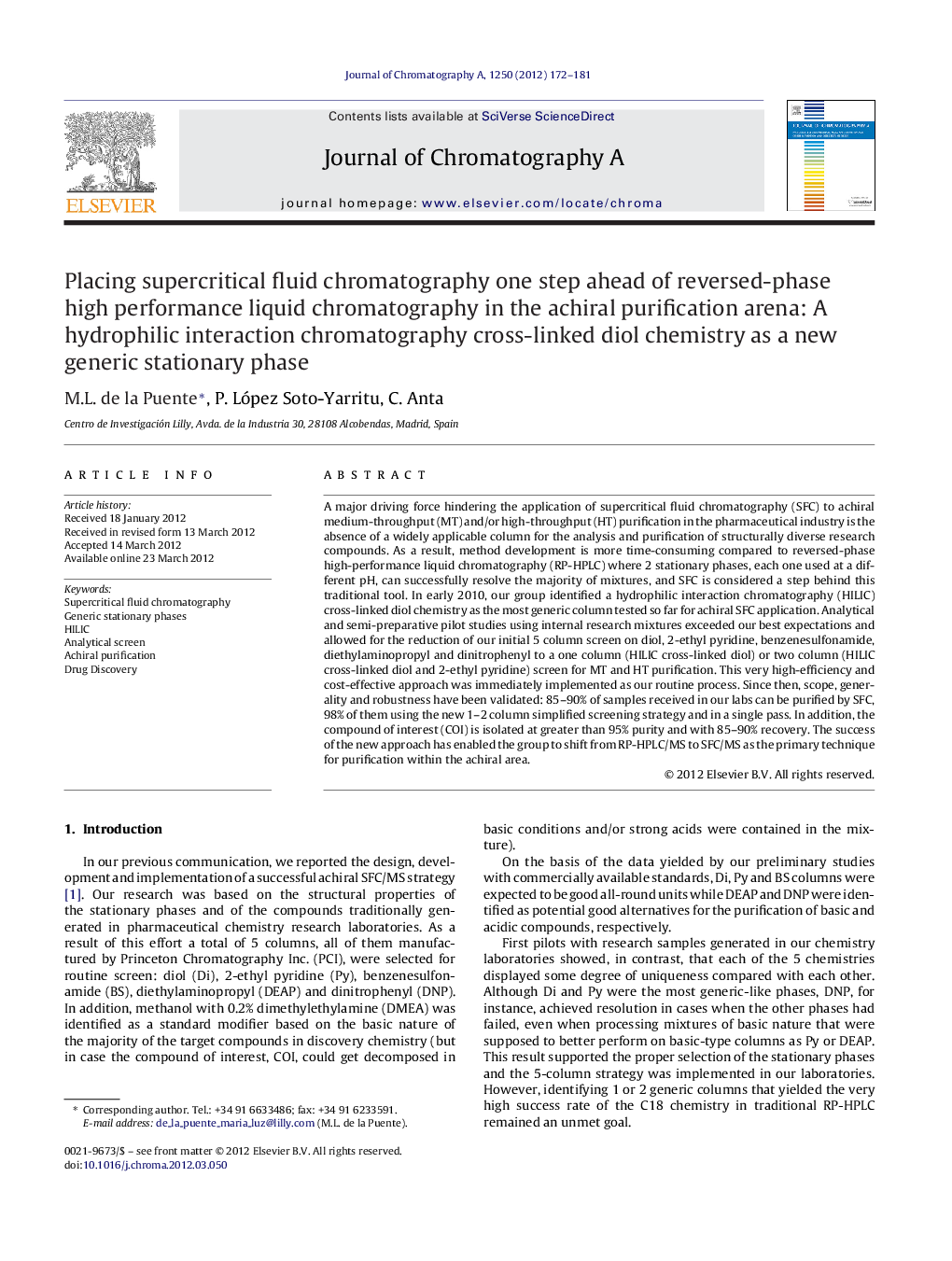 Placing supercritical fluid chromatography one step ahead of reversed-phase high performance liquid chromatography in the achiral purification arena: A hydrophilic interaction chromatography cross-linked diol chemistry as a new generic stationary phase