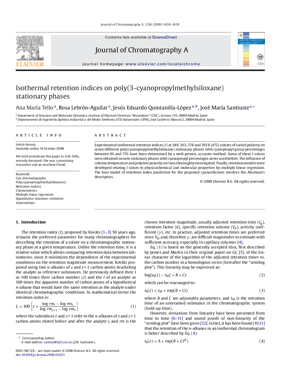 Isothermal retention indices on poly(3-cyanopropylmethylsiloxane) stationary phases