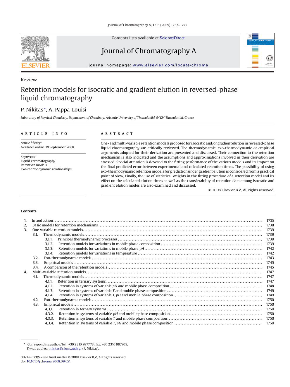 Retention models for isocratic and gradient elution in reversed-phase liquid chromatography