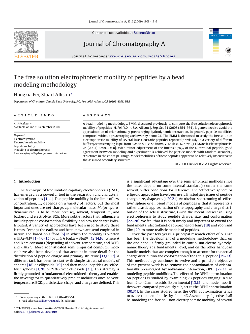 The free solution electrophoretic mobility of peptides by a bead modeling methodology