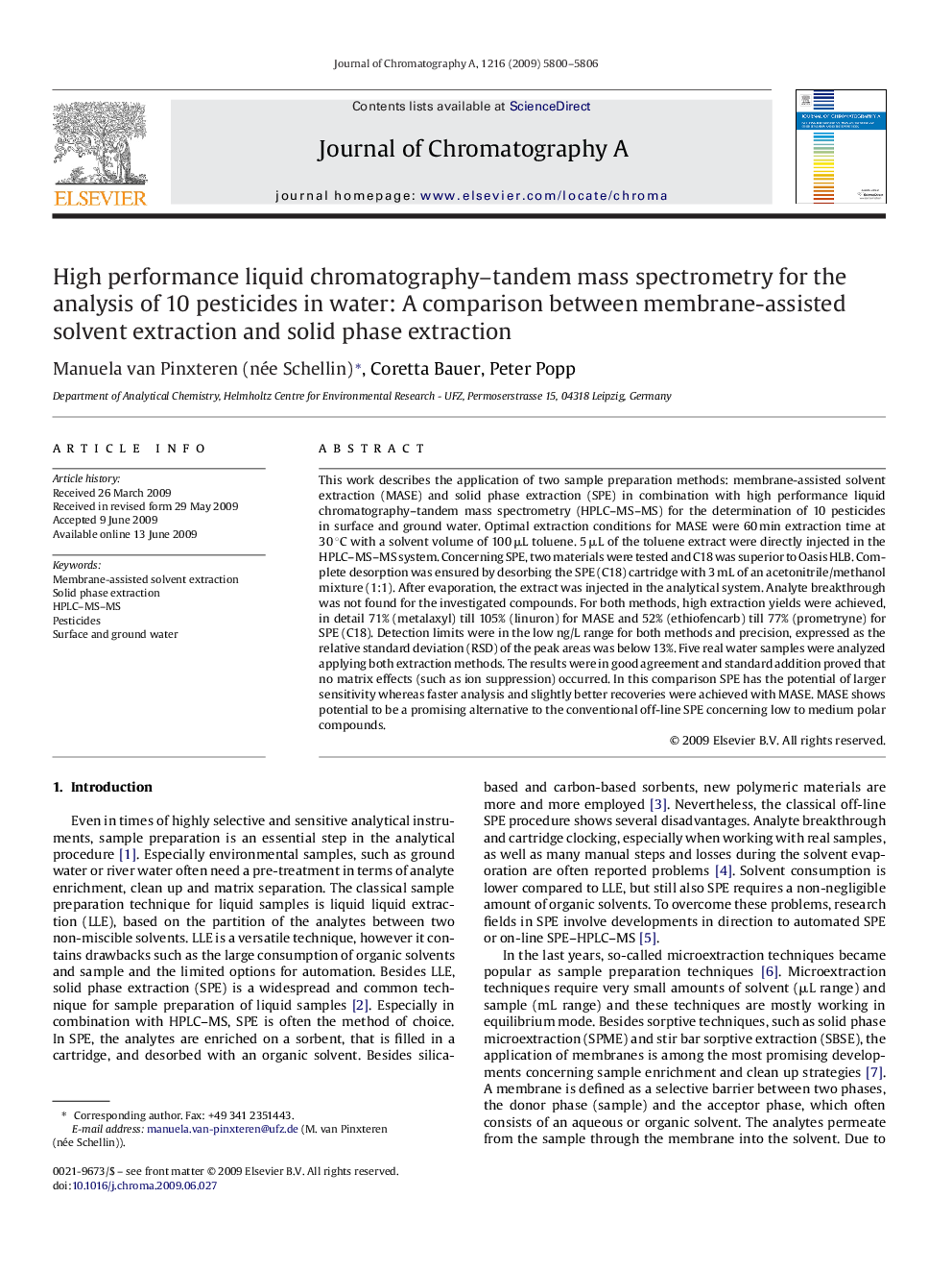 High performance liquid chromatography–tandem mass spectrometry for the analysis of 10 pesticides in water: A comparison between membrane-assisted solvent extraction and solid phase extraction