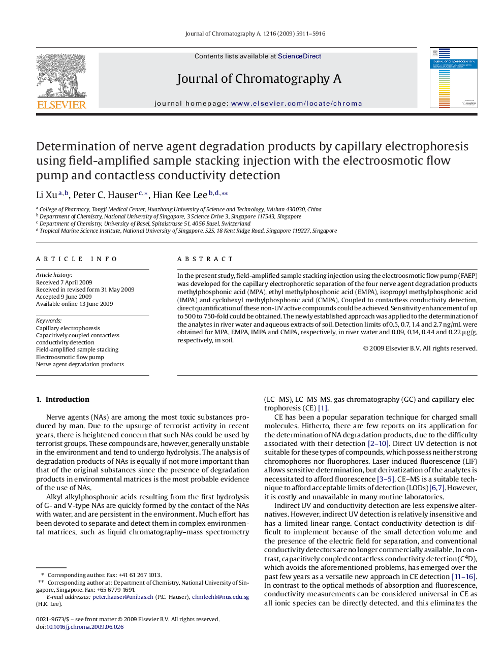 Determination of nerve agent degradation products by capillary electrophoresis using field-amplified sample stacking injection with the electroosmotic flow pump and contactless conductivity detection