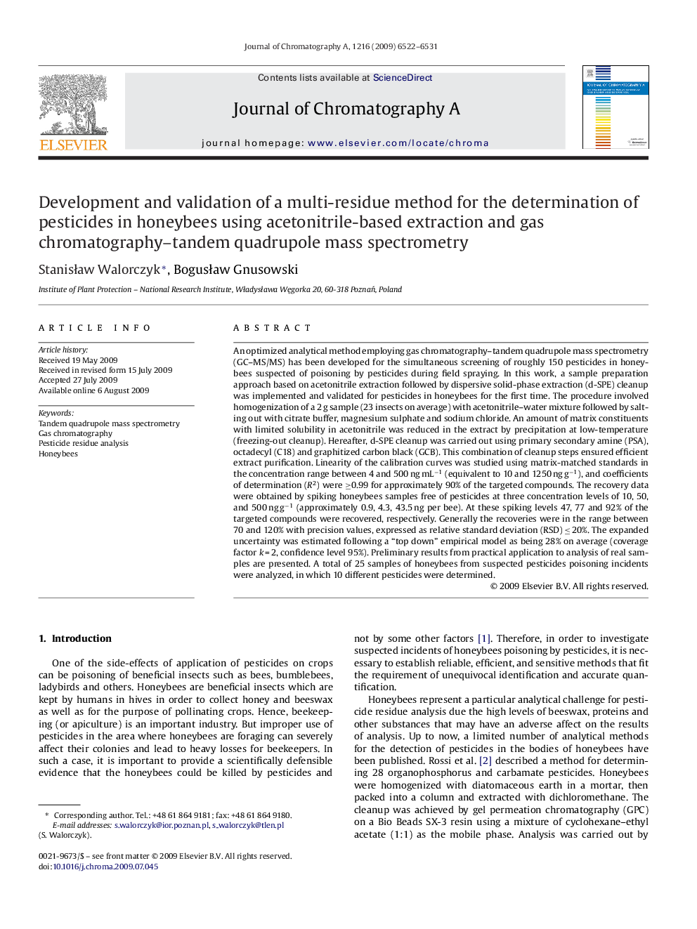 Development and validation of a multi-residue method for the determination of pesticides in honeybees using acetonitrile-based extraction and gas chromatography–tandem quadrupole mass spectrometry