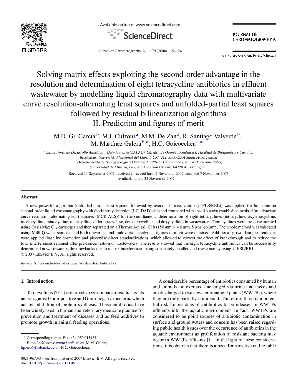 Solving matrix effects exploiting the second-order advantage in the resolution and determination of eight tetracycline antibiotics in effluent wastewater by modelling liquid chromatography data with multivariate curve resolution-alternating least squares 