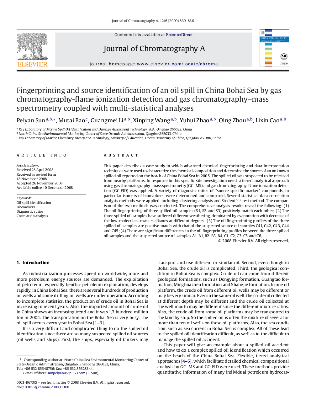 Fingerprinting and source identification of an oil spill in China Bohai Sea by gas chromatography-flame ionization detection and gas chromatography–mass spectrometry coupled with multi-statistical analyses