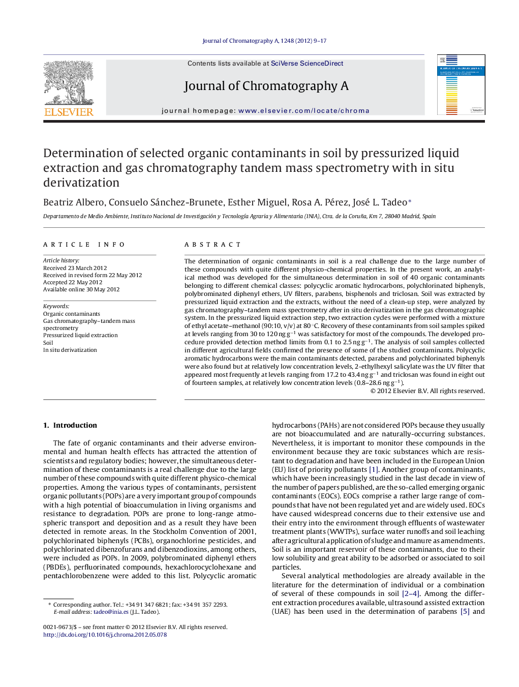 Determination of selected organic contaminants in soil by pressurized liquid extraction and gas chromatography tandem mass spectrometry with in situ derivatization