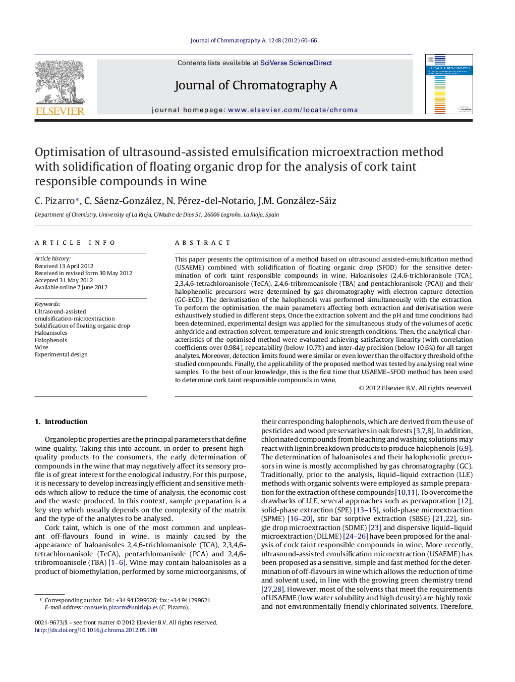 Optimisation of ultrasound-assisted emulsification microextraction method with solidification of floating organic drop for the analysis of cork taint responsible compounds in wine