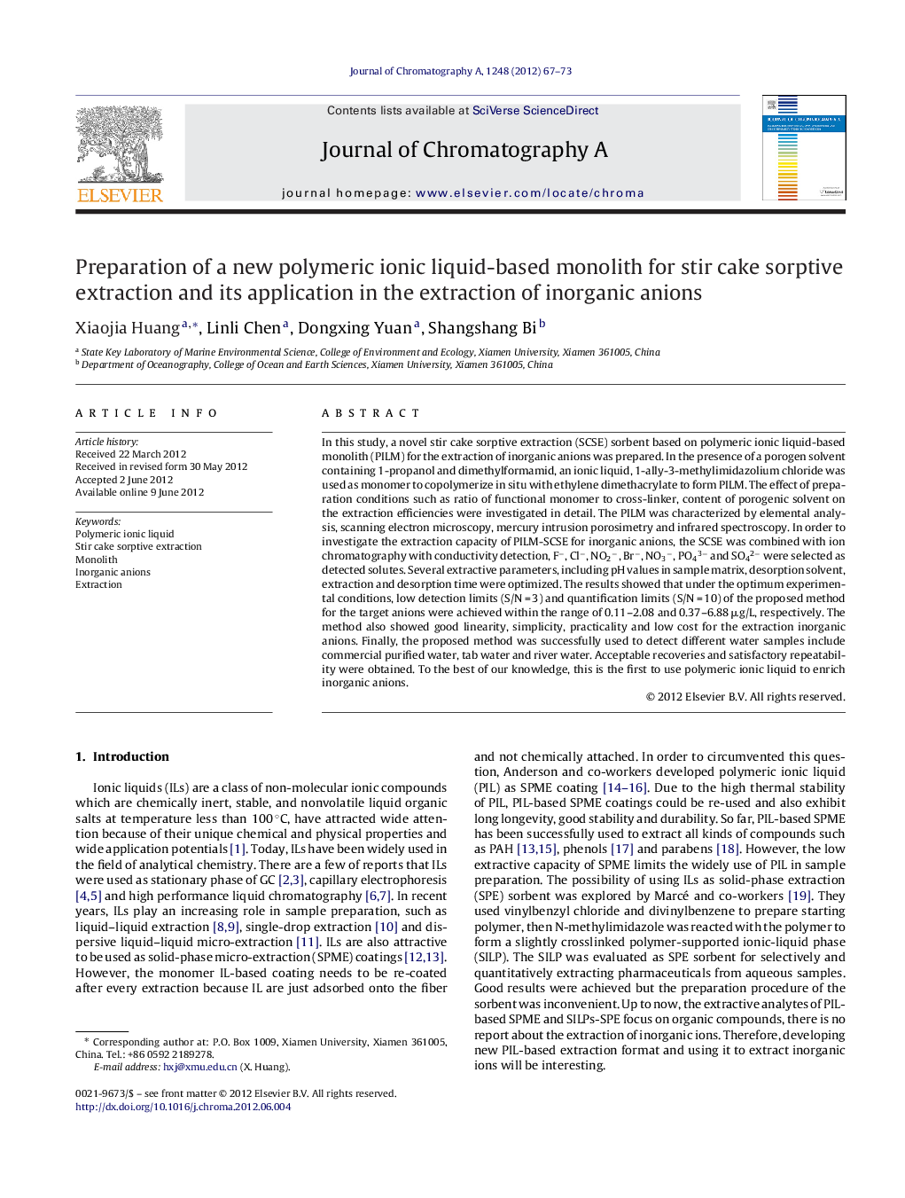 Preparation of a new polymeric ionic liquid-based monolith for stir cake sorptive extraction and its application in the extraction of inorganic anions