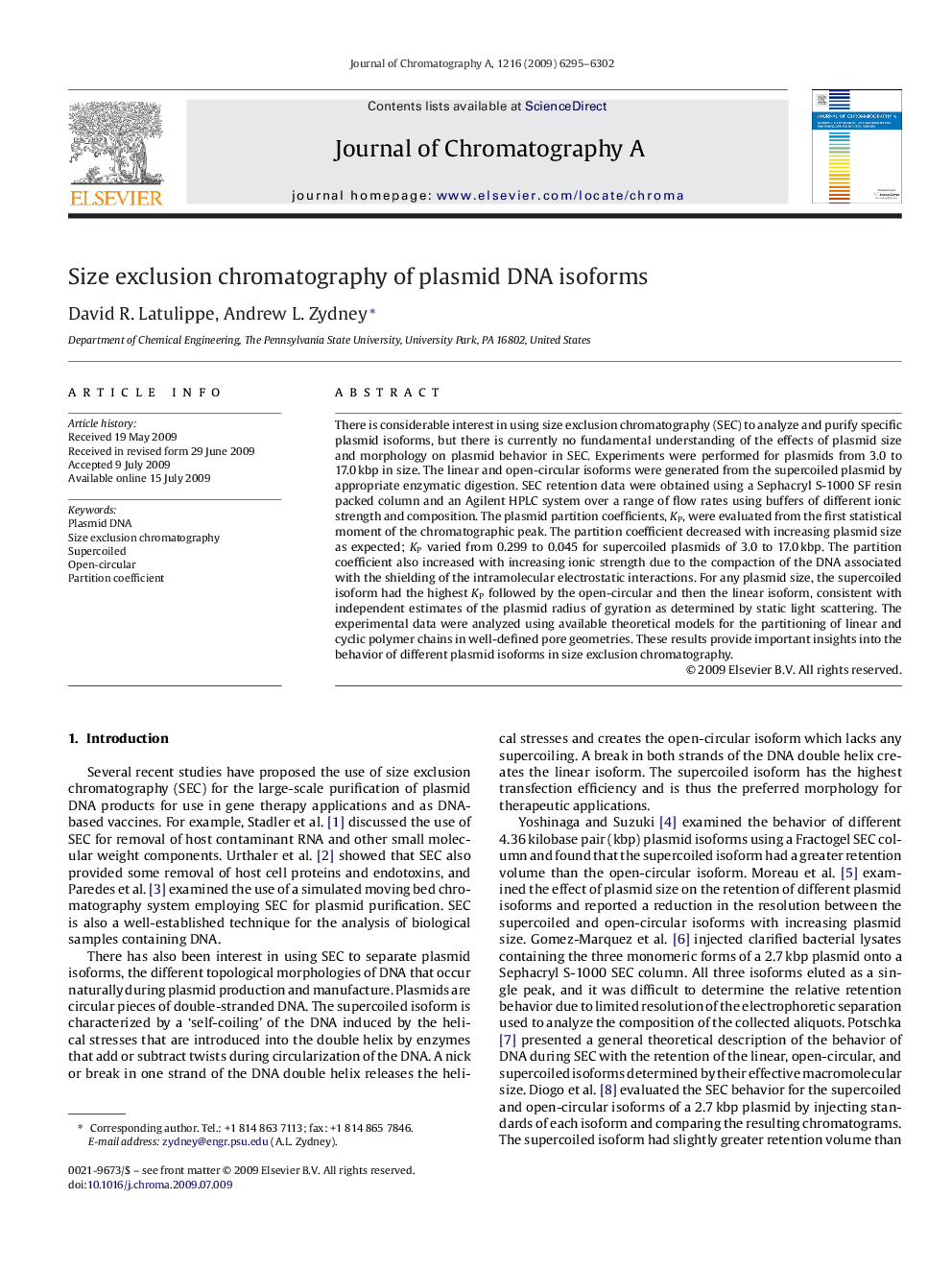 Size exclusion chromatography of plasmid DNA isoforms