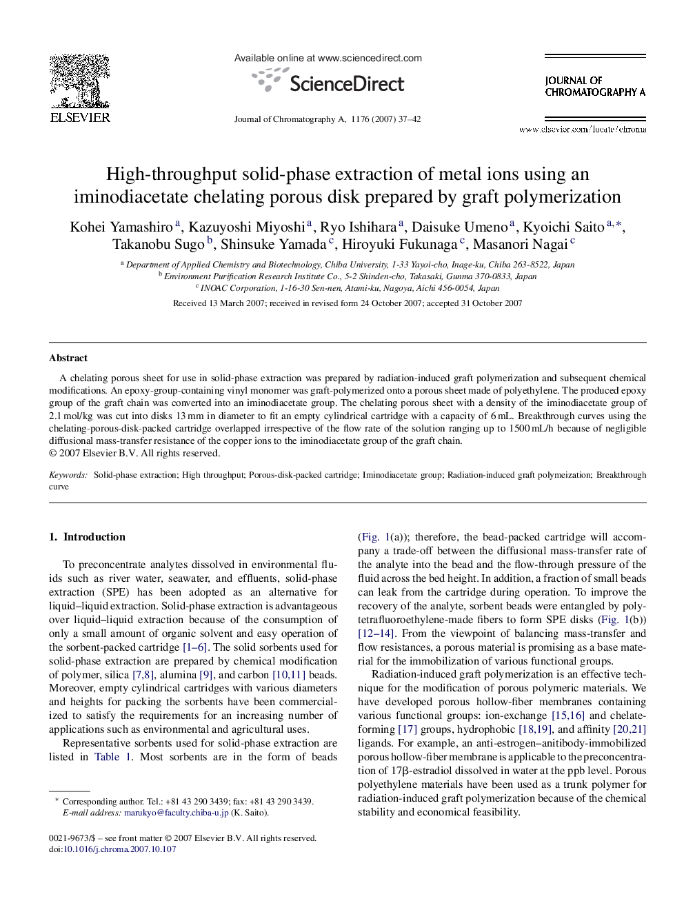 High-throughput solid-phase extraction of metal ions using an iminodiacetate chelating porous disk prepared by graft polymerization